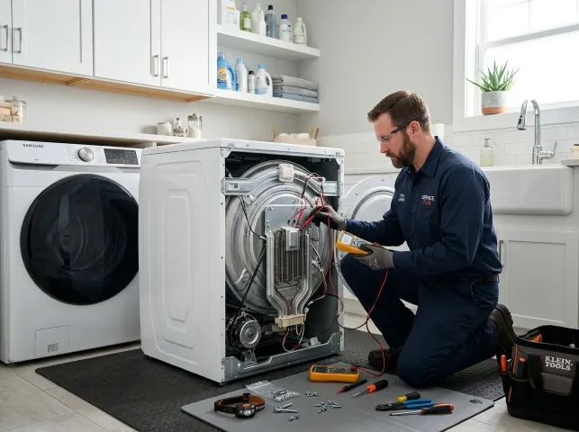 Appliance Repair Hero technician checking a dryer heating element with the rear panel off in Bristol, WI