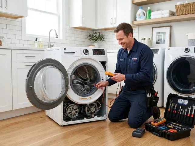 Appliance Repair Hero technician testing a front-load washer with a multimeter on a Bristol, WI service call